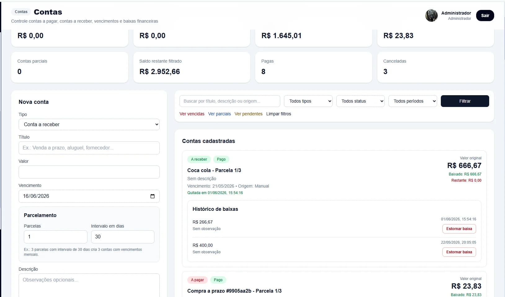 Tela de Financeiro do Lynko ERP