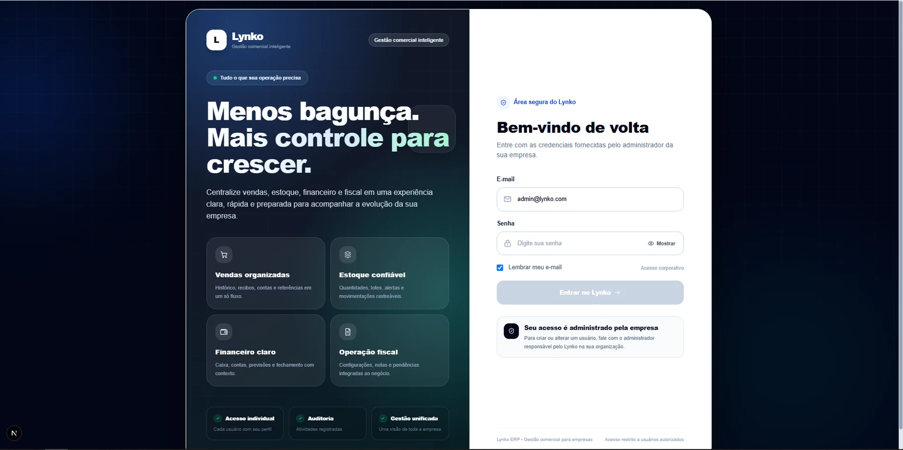Tela de acesso Lynko ERP